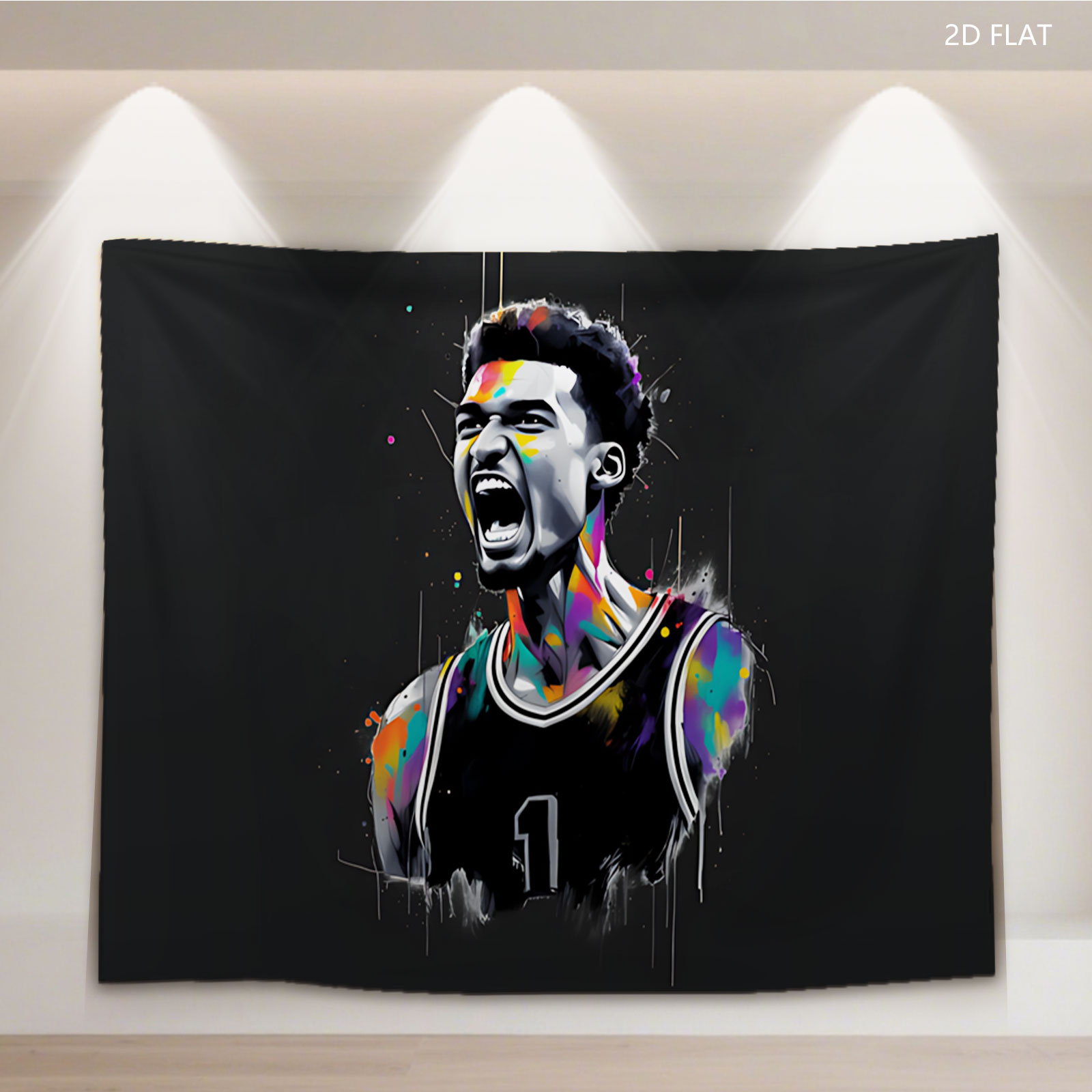 Derrick Rose in a vibrant, expressive basketball jersey with dynamic splashes of color. - Tapestry