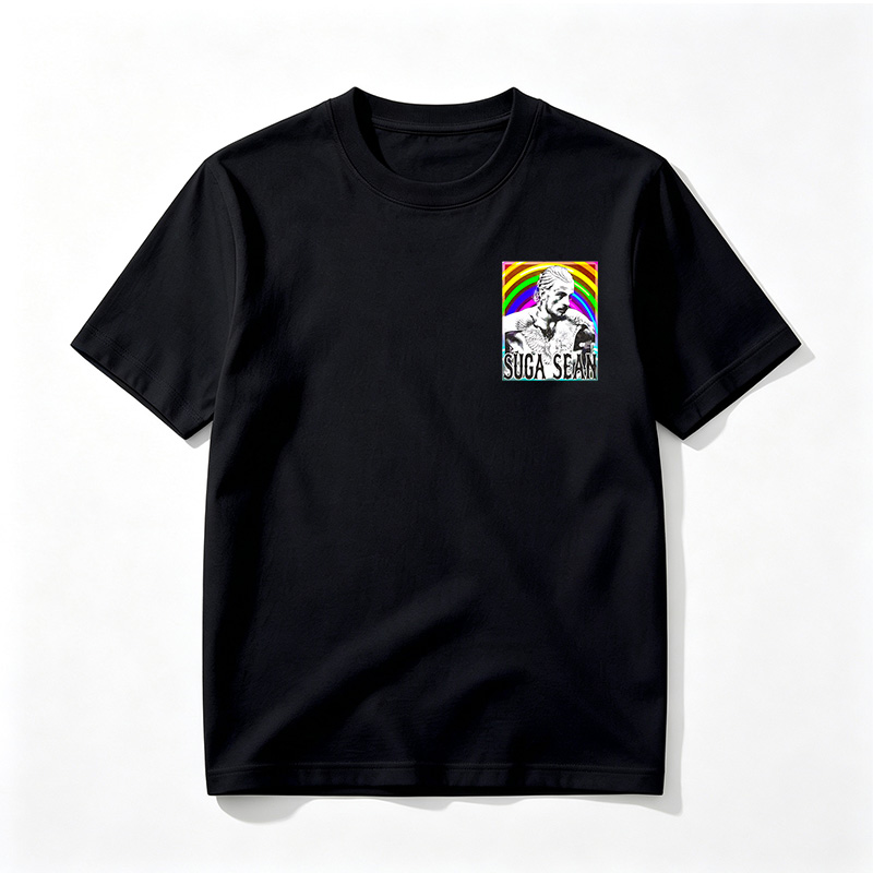 Suga Sean: Tattooed Man with Wings Against Rainbow Background - Tee