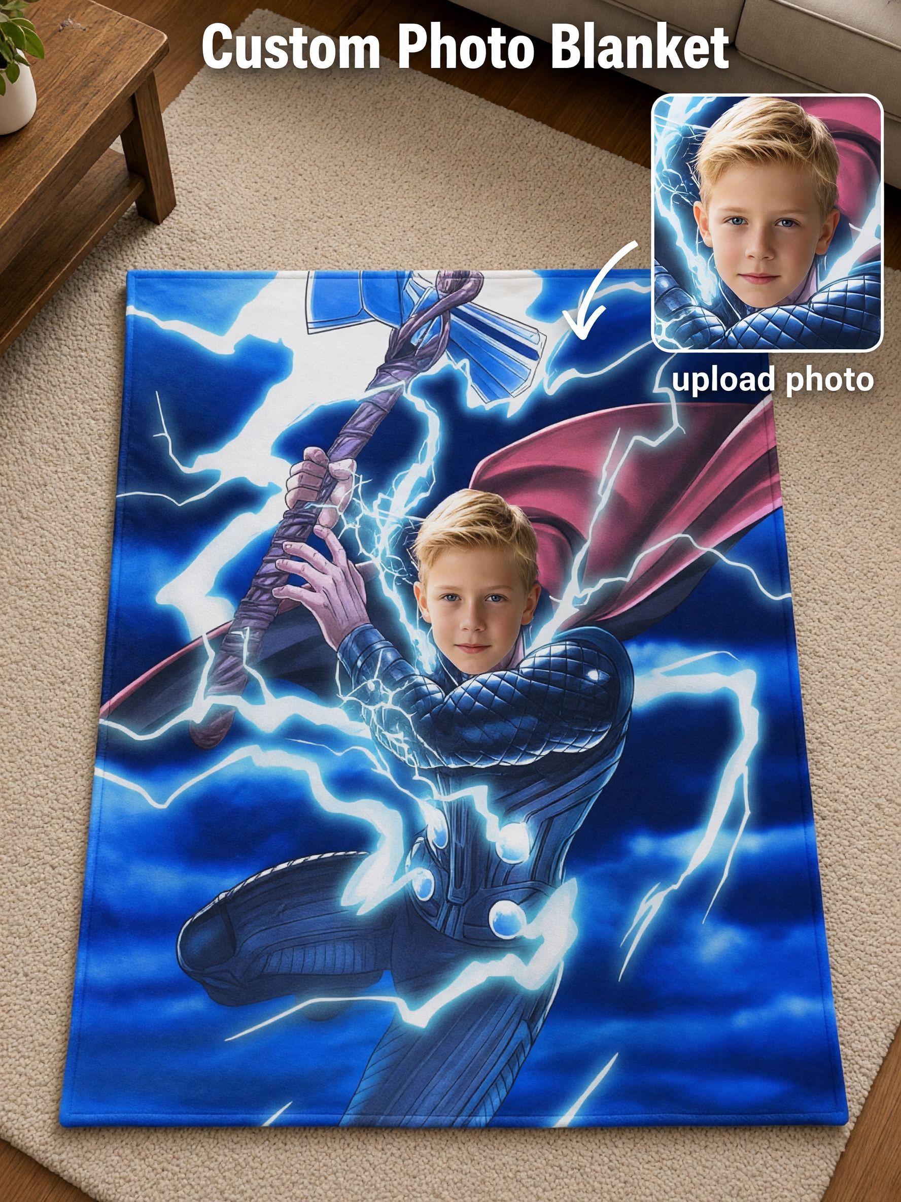 Custom Face Superhero Flannel Blanket, Personalized Photo Lightning Throw for Kids, Soft Cozy Bed Couch Gift
