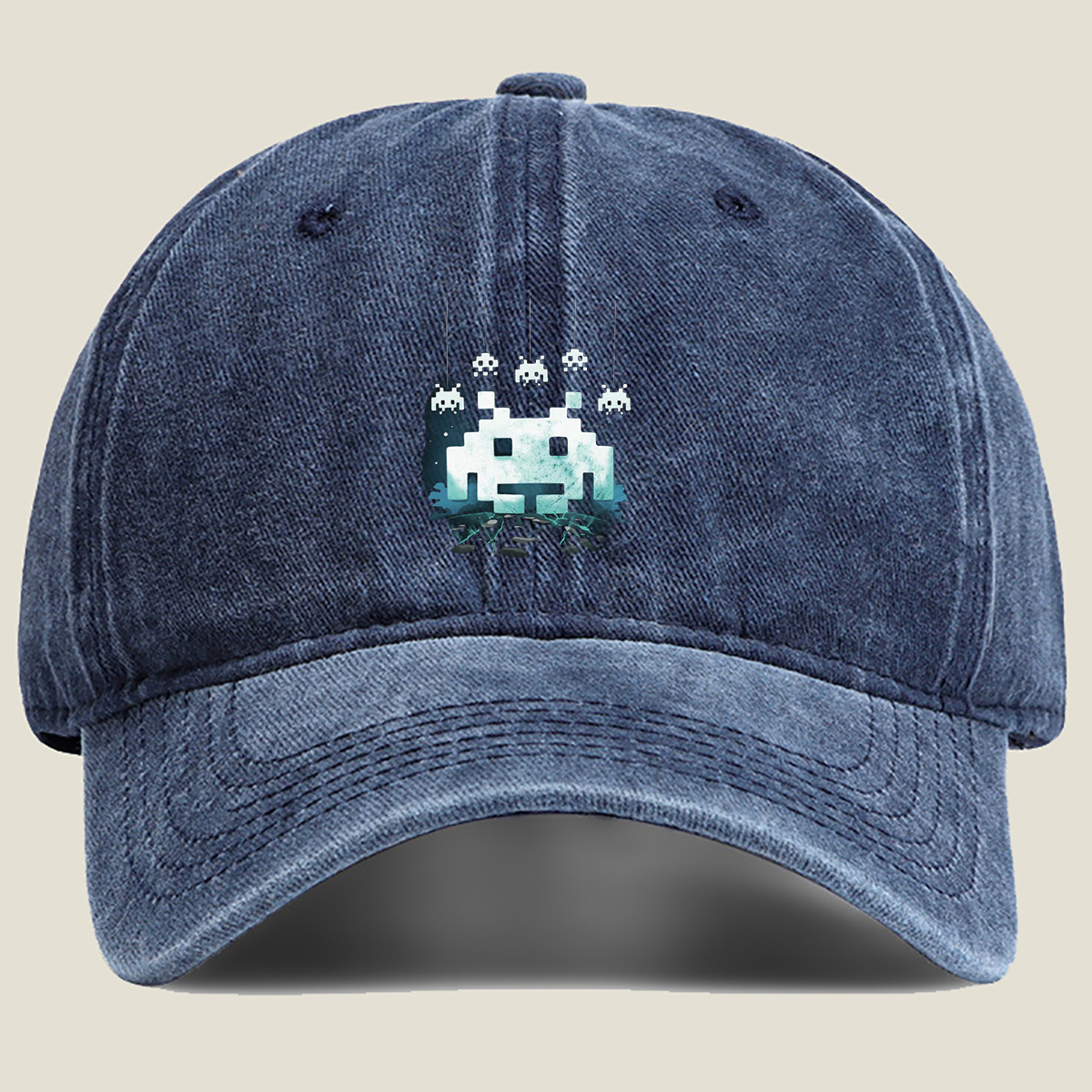 Space Invaders: Classic Aliens in Pixel Art - Washed Denim - Baseball Cap
