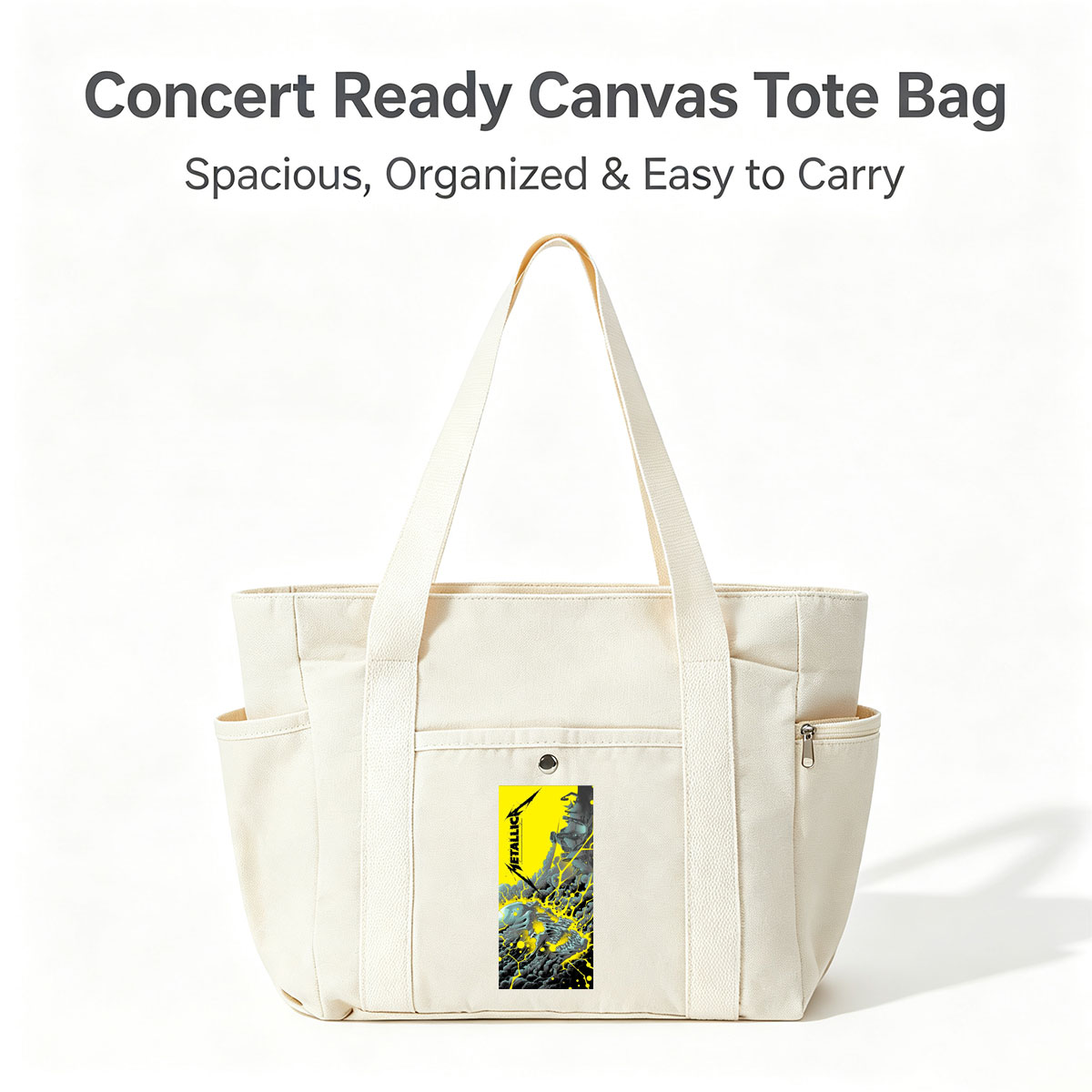 Metallica Band in Explosive Comic-Style Scene with Electric Yellow and Black Mechanical Chaos - Multi-pocket bags