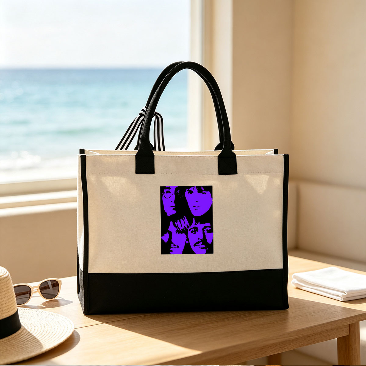 The Beatles in Purple Silhouette Portrait - Canvas patchwork gift tote bag