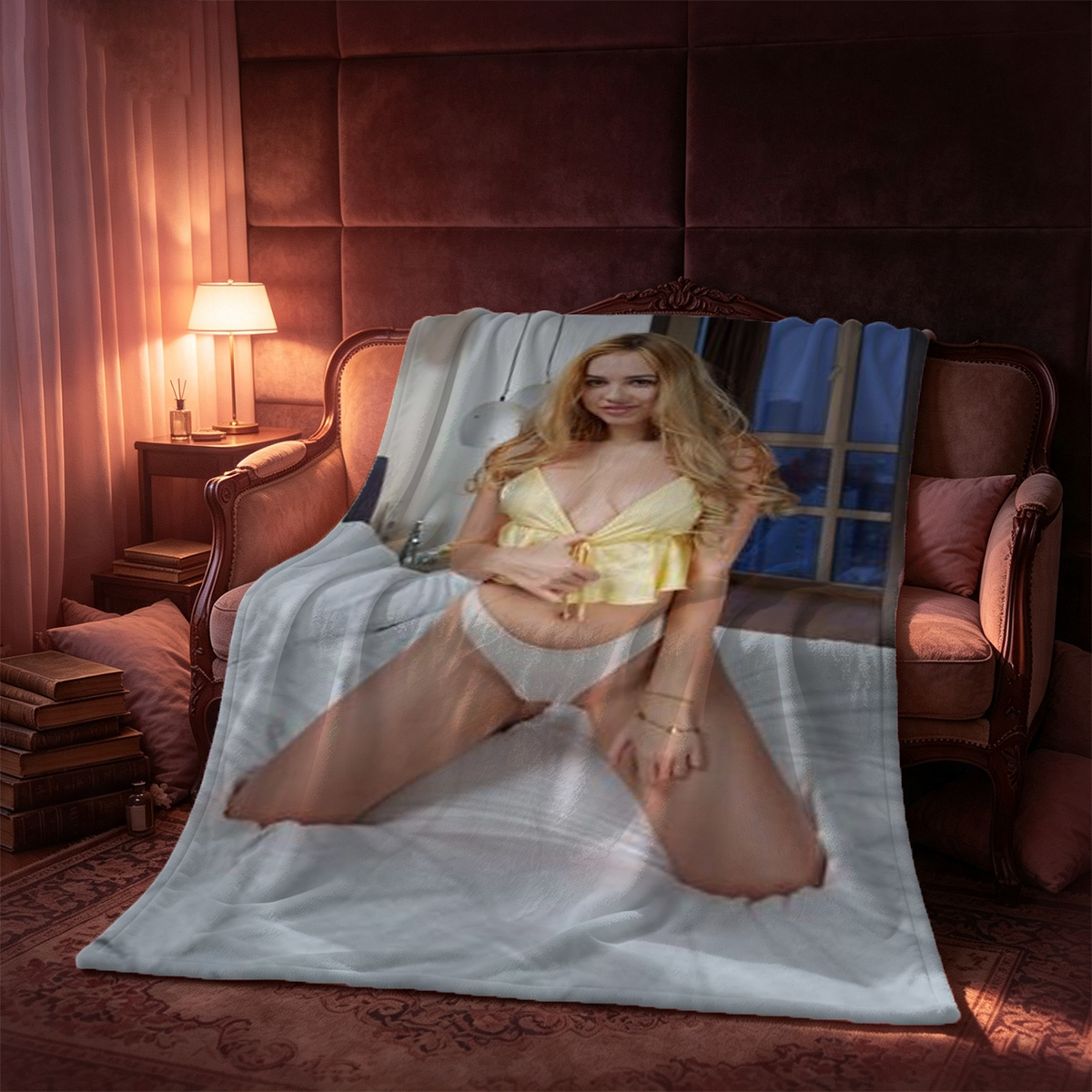 Three Women in Sheer Bodysuits and Lingerie Embracing by the Window - Blanket