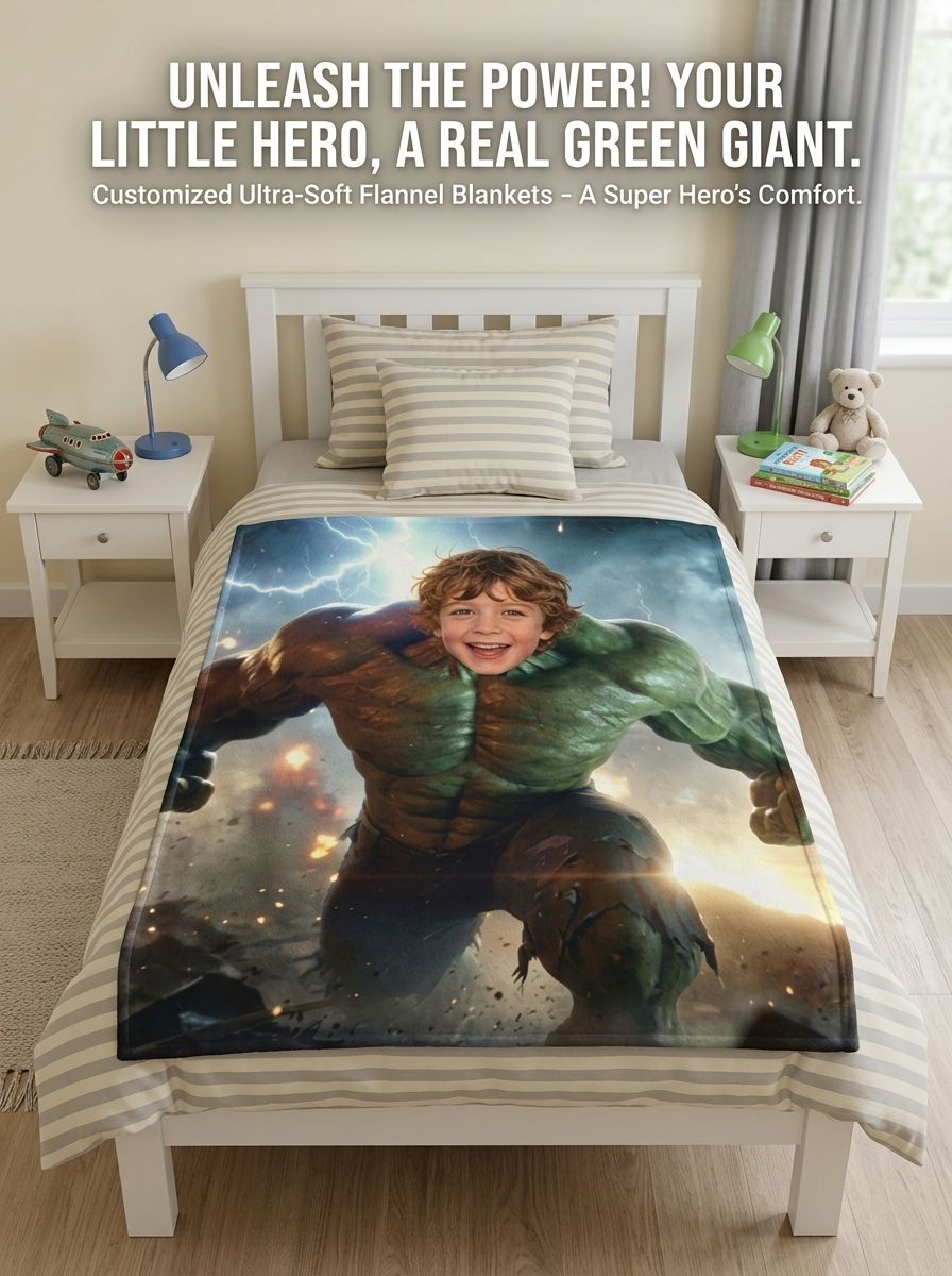 Personalized Superhero Face Photo Flannel Blanket Ultra Soft Anti Pilling Throw for Kids Cozy Custom Bedding Gift