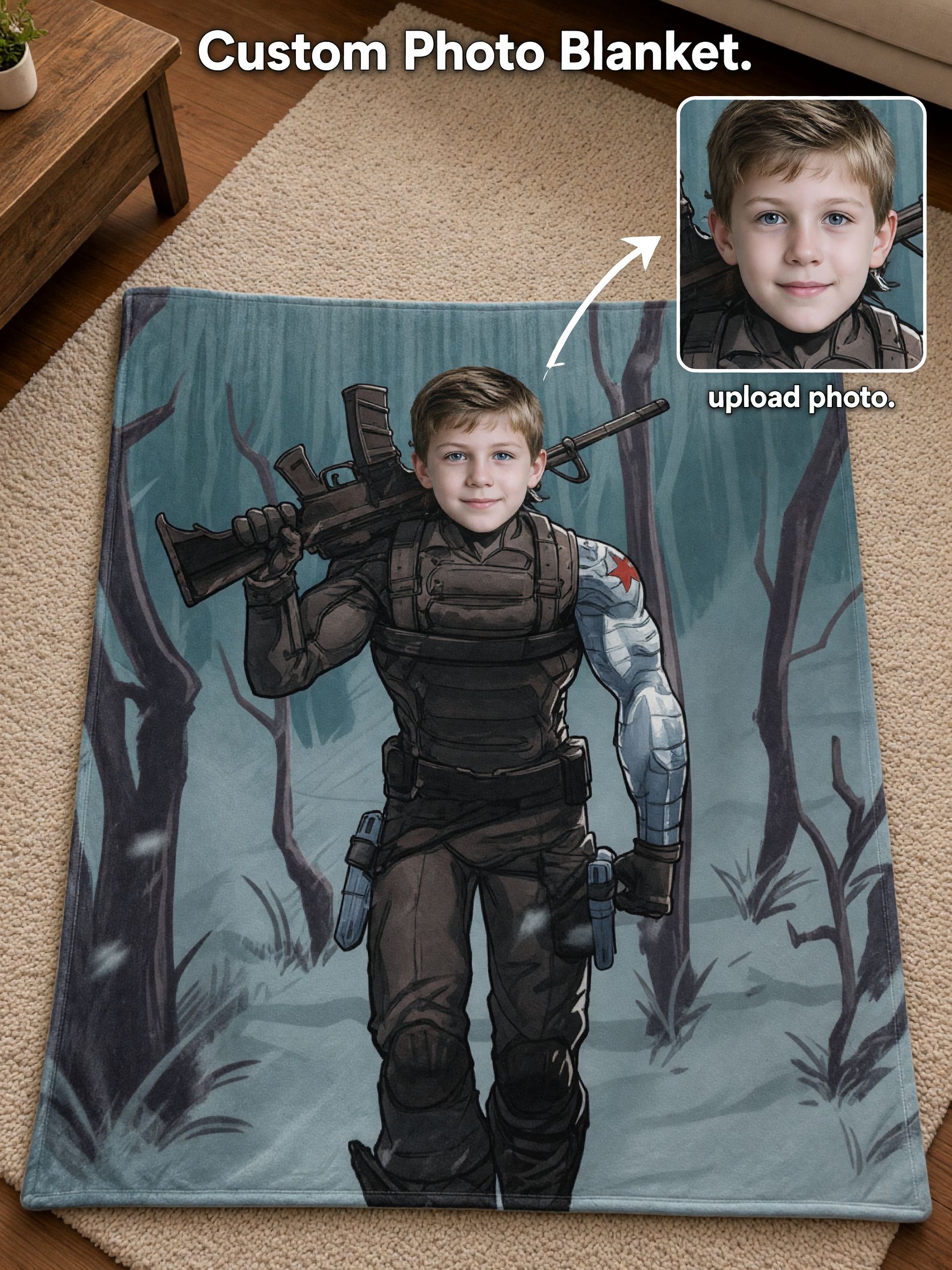 Personalized Custom Face Photo Blanket Soft Flannel Throw Cozy Fleece Cover Hero Portrait Gift for Kids and Adults