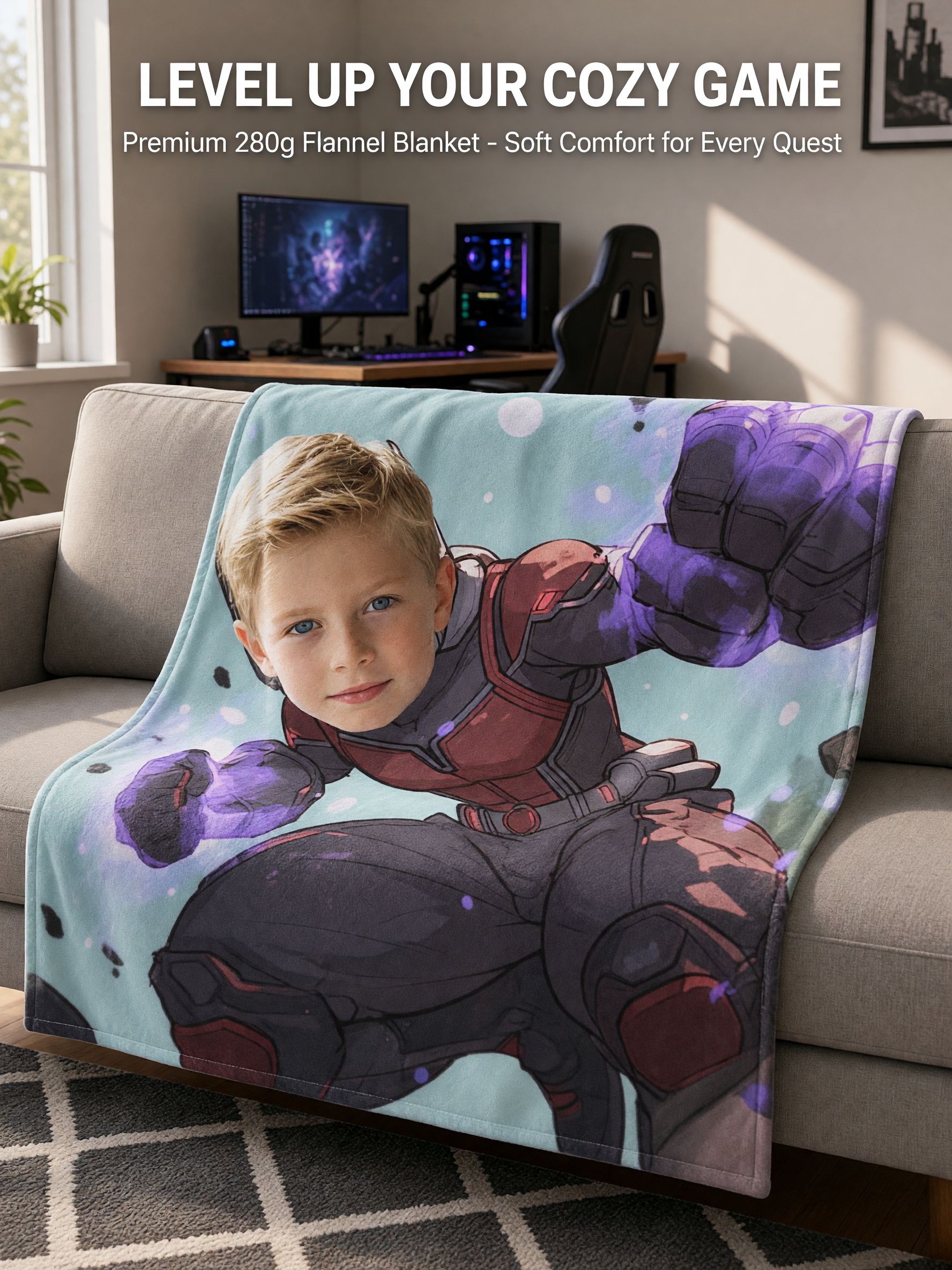Custom Face Superhero Flannel Blanket, Ultra Soft Lightweight Throw, Ideal Personalized Keepsake Gift for Kids and Sofa