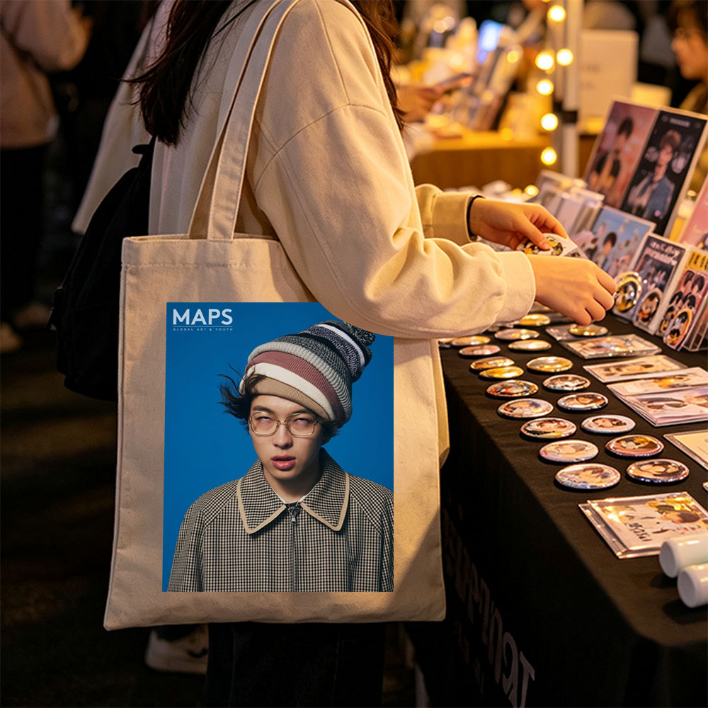 BTS Jungkook in a Stylish Winter Look with Beanie and Checkered Jacket on Blue Background - Canvas tote bags