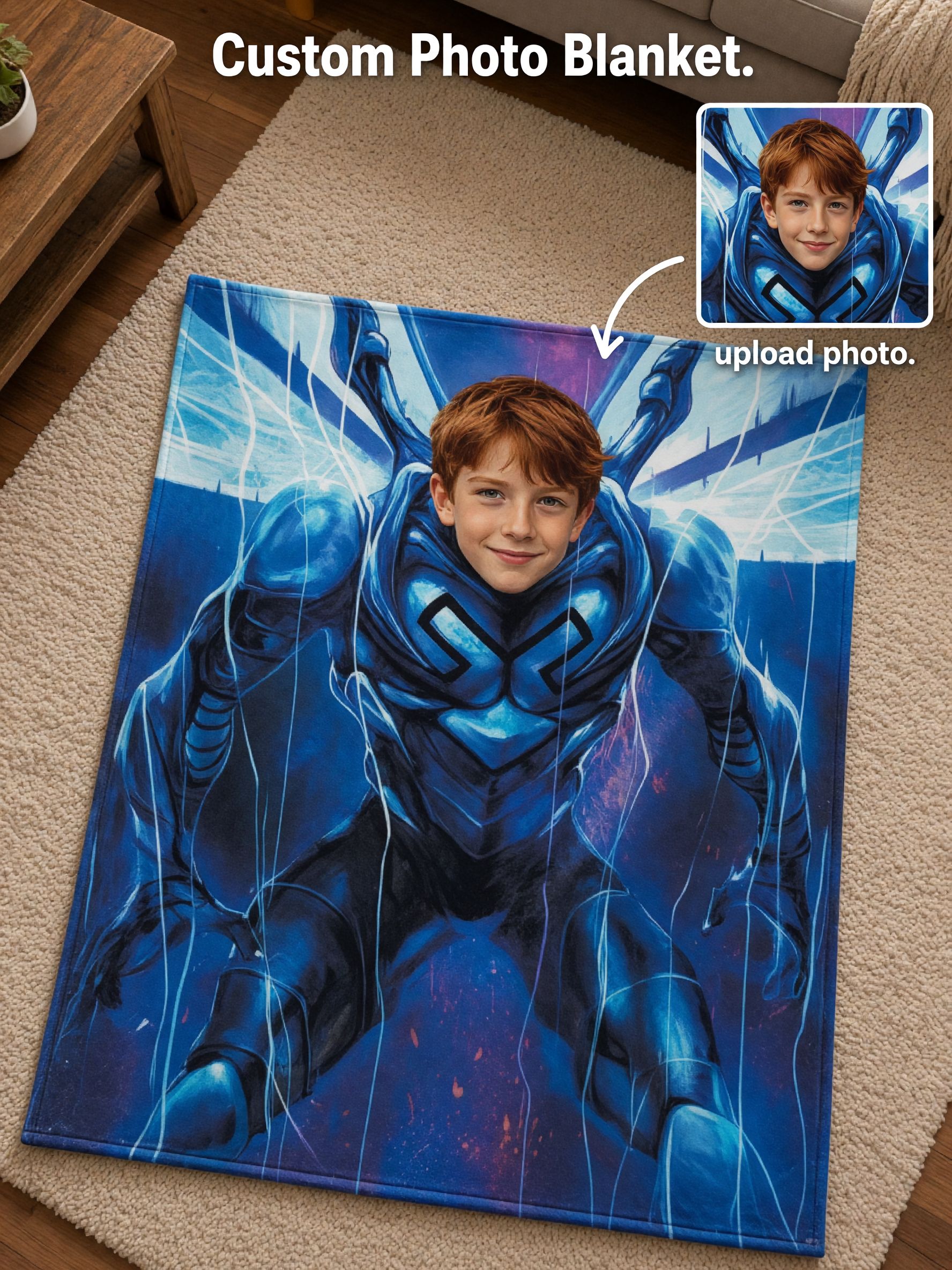Custom Face Superhero Flannel Fleece Blanket, Ultra Soft Personalized Photo Throw, Ideal Cozy Gift for Kids and Bed