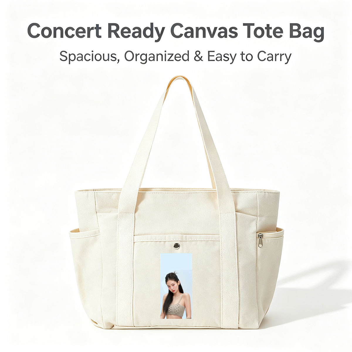 Jennie Kim in a Minimalist Look Wearing a Beige Knit Crop Top Against a Soft Blue Background - Multi-pocket bags