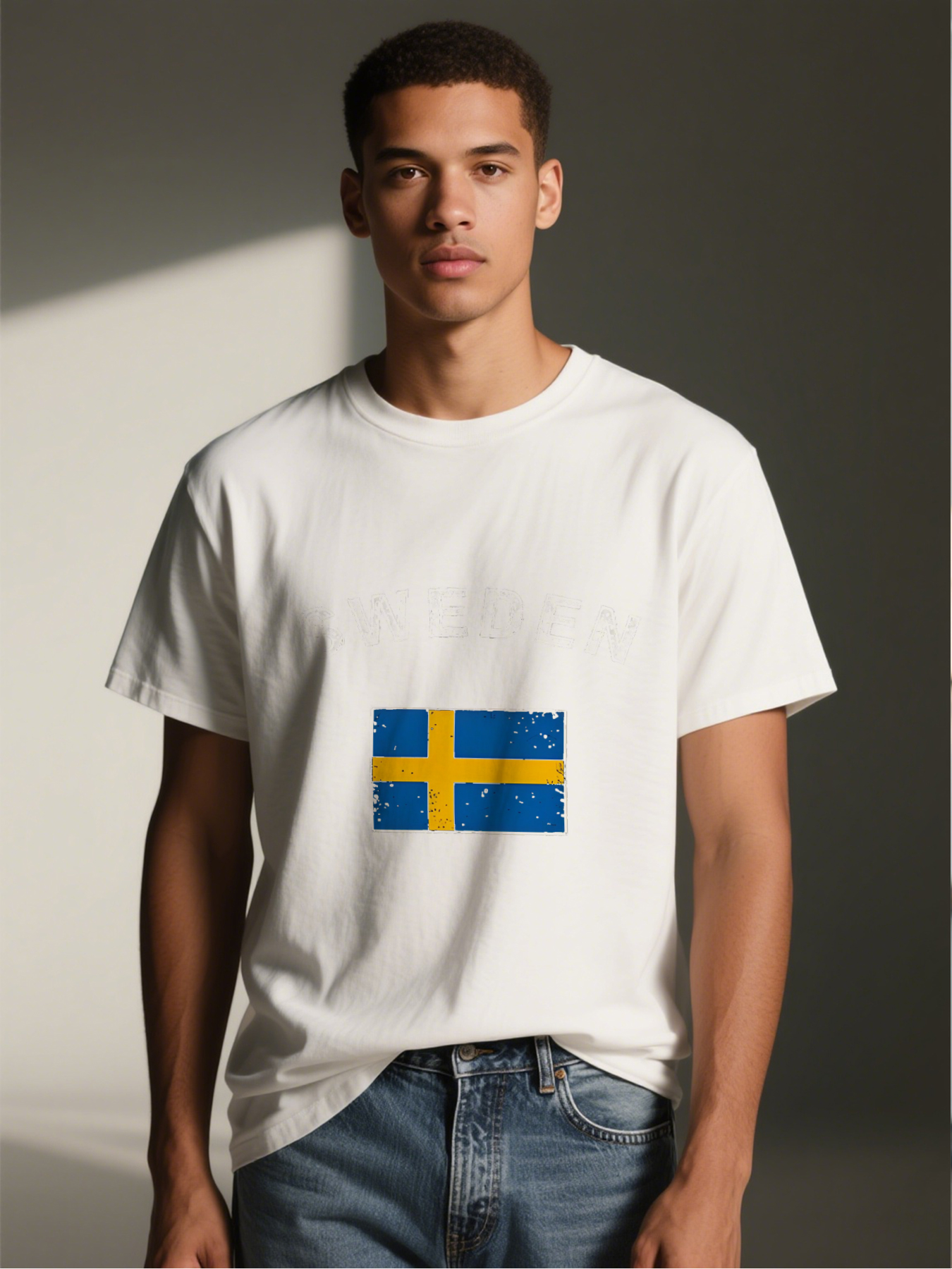 Men's Printed T-Shirt Sweden Flag Design with Distressed Text and National Emblem Casual Round Neck Summer Lightweight Breathable Short Sleeve Tee for Travel, Outdoor Activities, and Everyday Wear for Adults and Fans of Scandinavian Culture