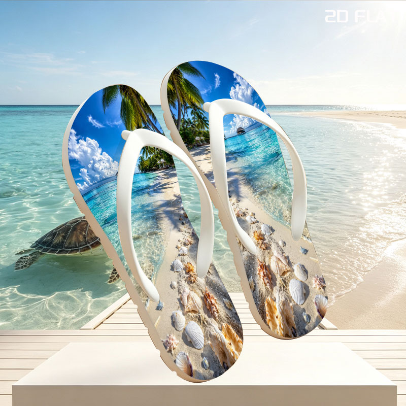 Tropical Beach with Clear Water, Shells, and Palm Trees -  flip-flops