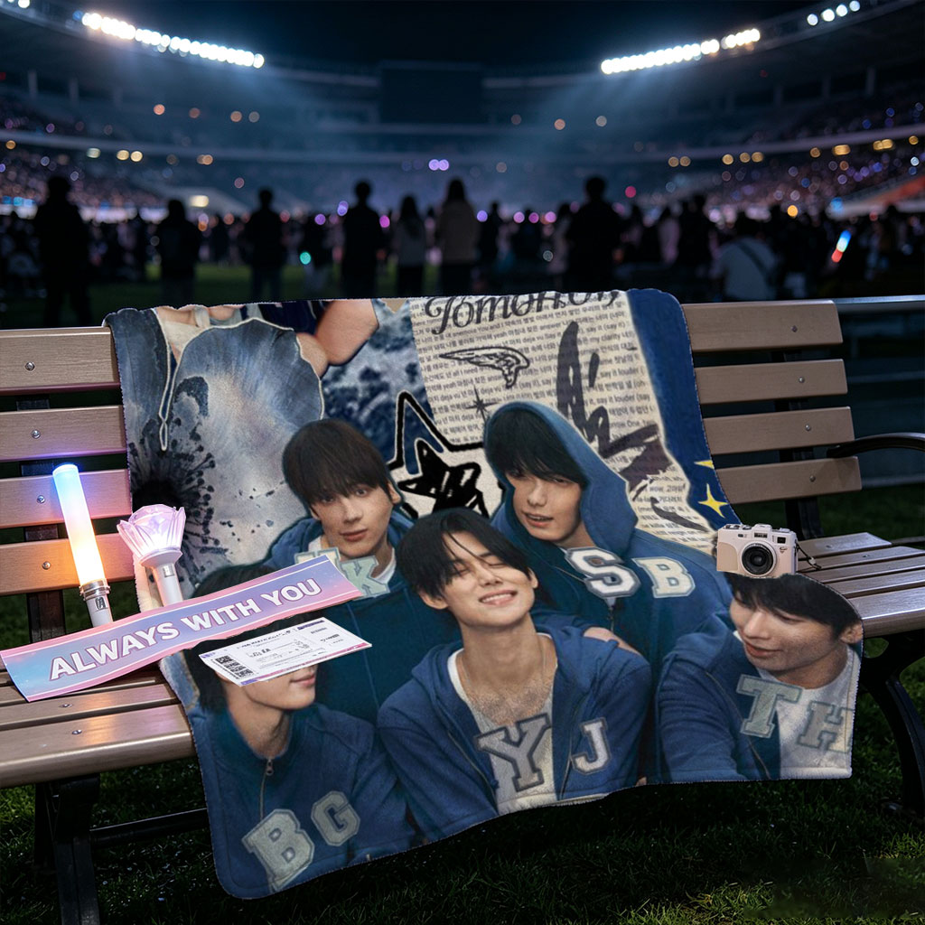 Tomorrow X Together Group Photo Collage with Blue Theme and Inspirational Quote - Blankets