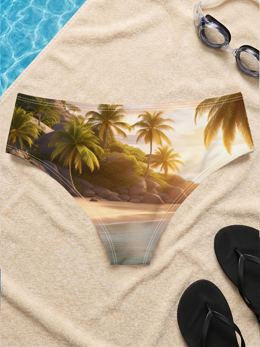 Serene Tropical Beach at Sunset with Palm Trees and Calm Waters -  Men's swim trunks