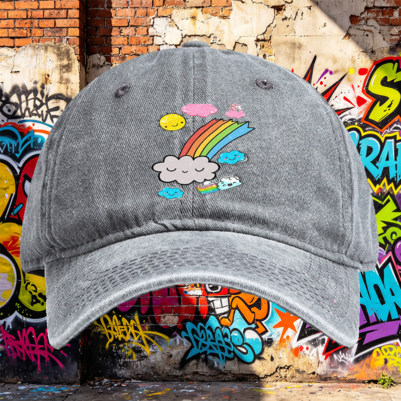 Unisex Classic Washed Cotton Hat with Rainbow Clouds and Sparkle Sun Print - Perfect for Outdoor Activities, Casual Wear, and Festival Outfits - Ideal for Teenagers and Young Adults Seeking Fun, Trendy Headwear