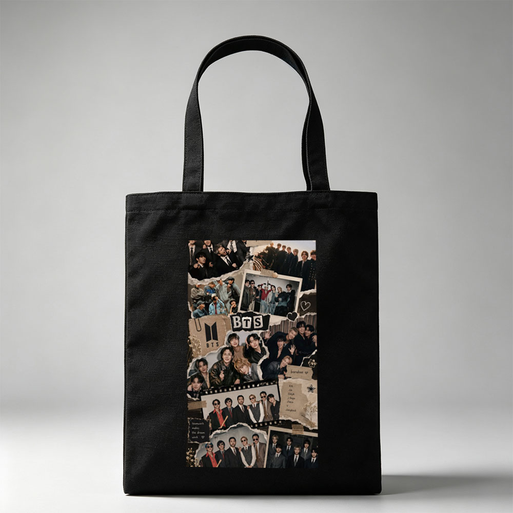 BTS Group Photo Collage Featuring Members in Various Outfits and Settings with Fans and Teamwork Theme - Canvas tote bags