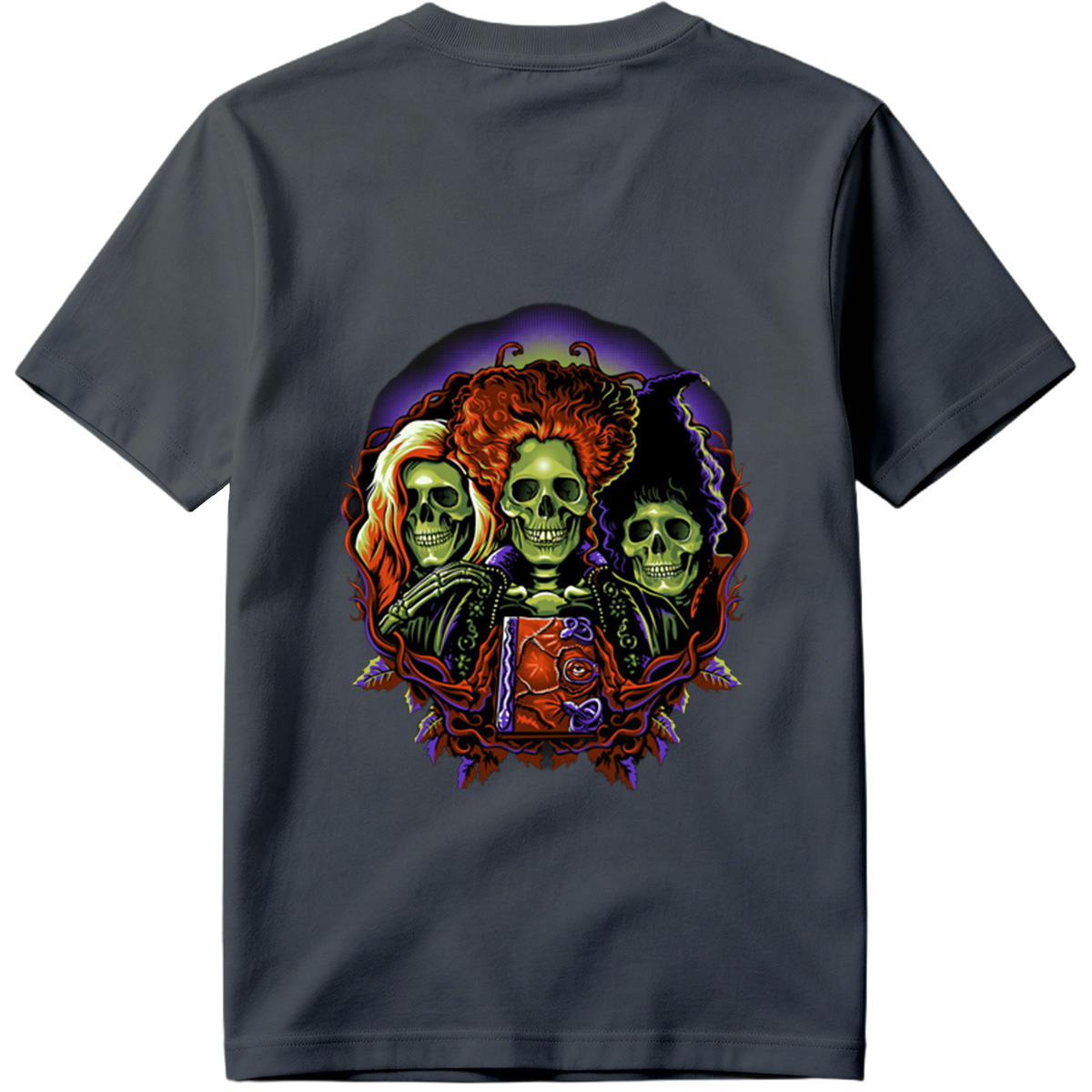 Three Skulls with Vibrant Hair and Ornate Design - Tee