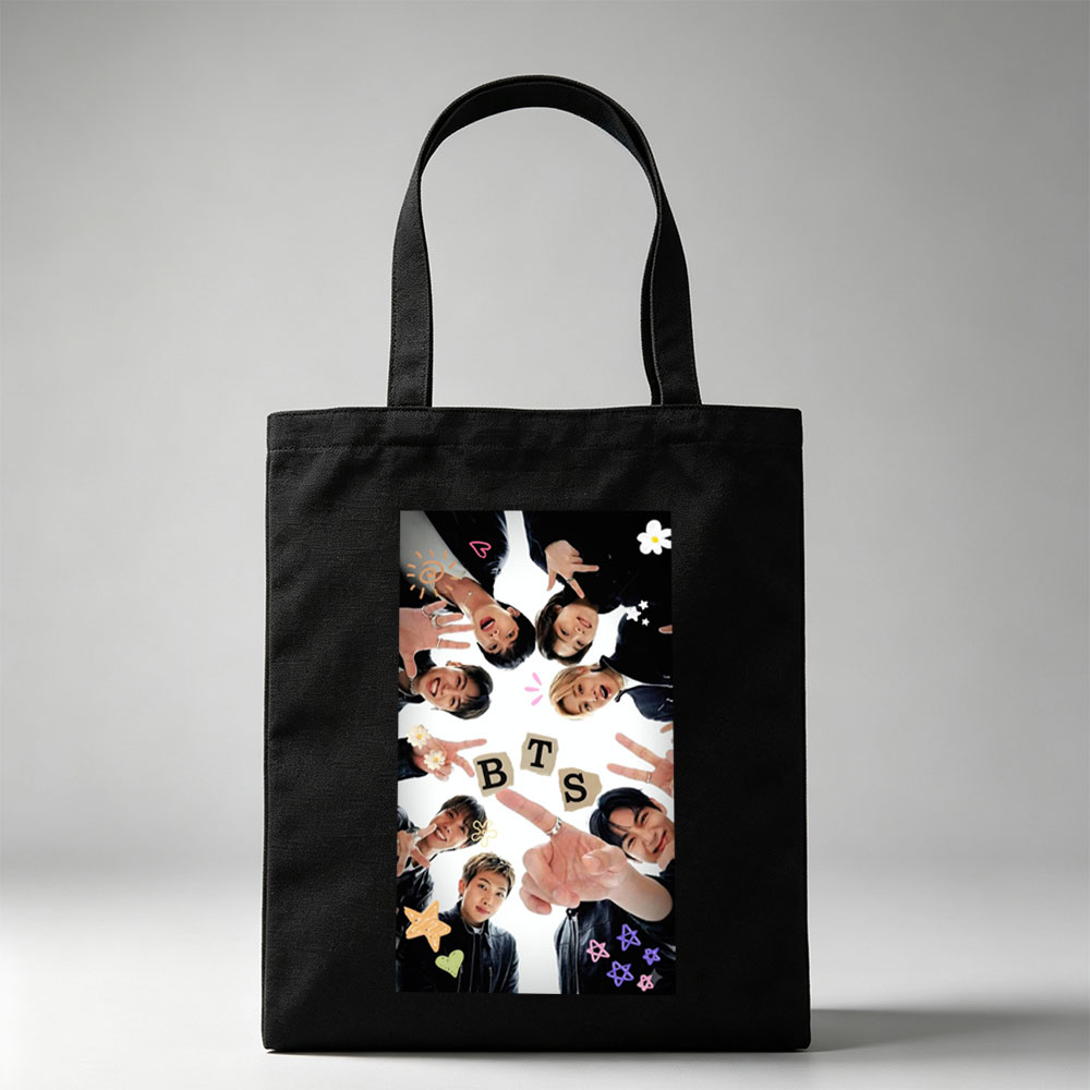 BTS Members in a Circle Forming BTS Letters with Hands and Expressive Poses - Canvas tote bags