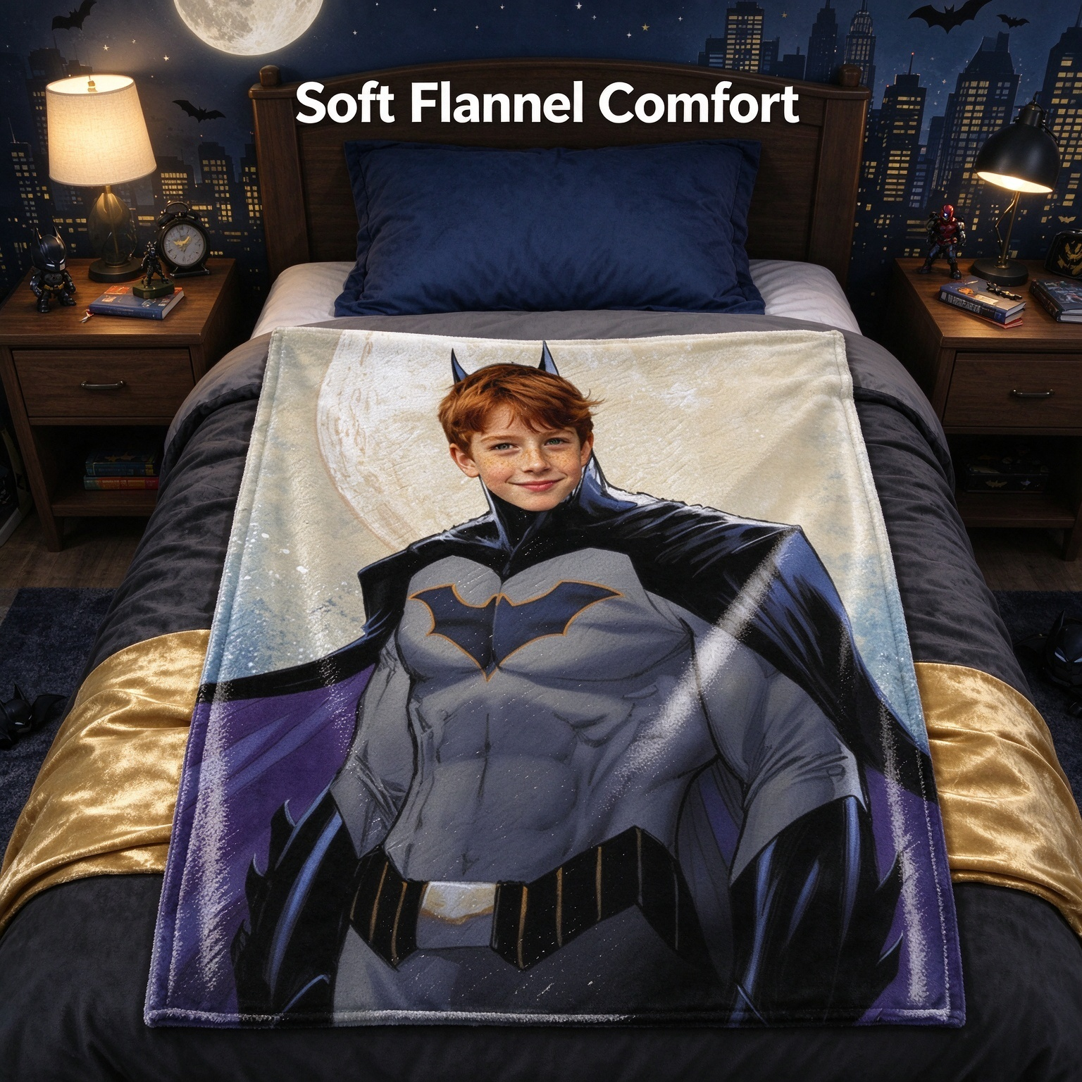 Personalized Superhero Face Photo Blanket, Custom Ultra Soft Flannel Throw Fleece Bedding Wrap, Ideal Cozy Gift for Kids
