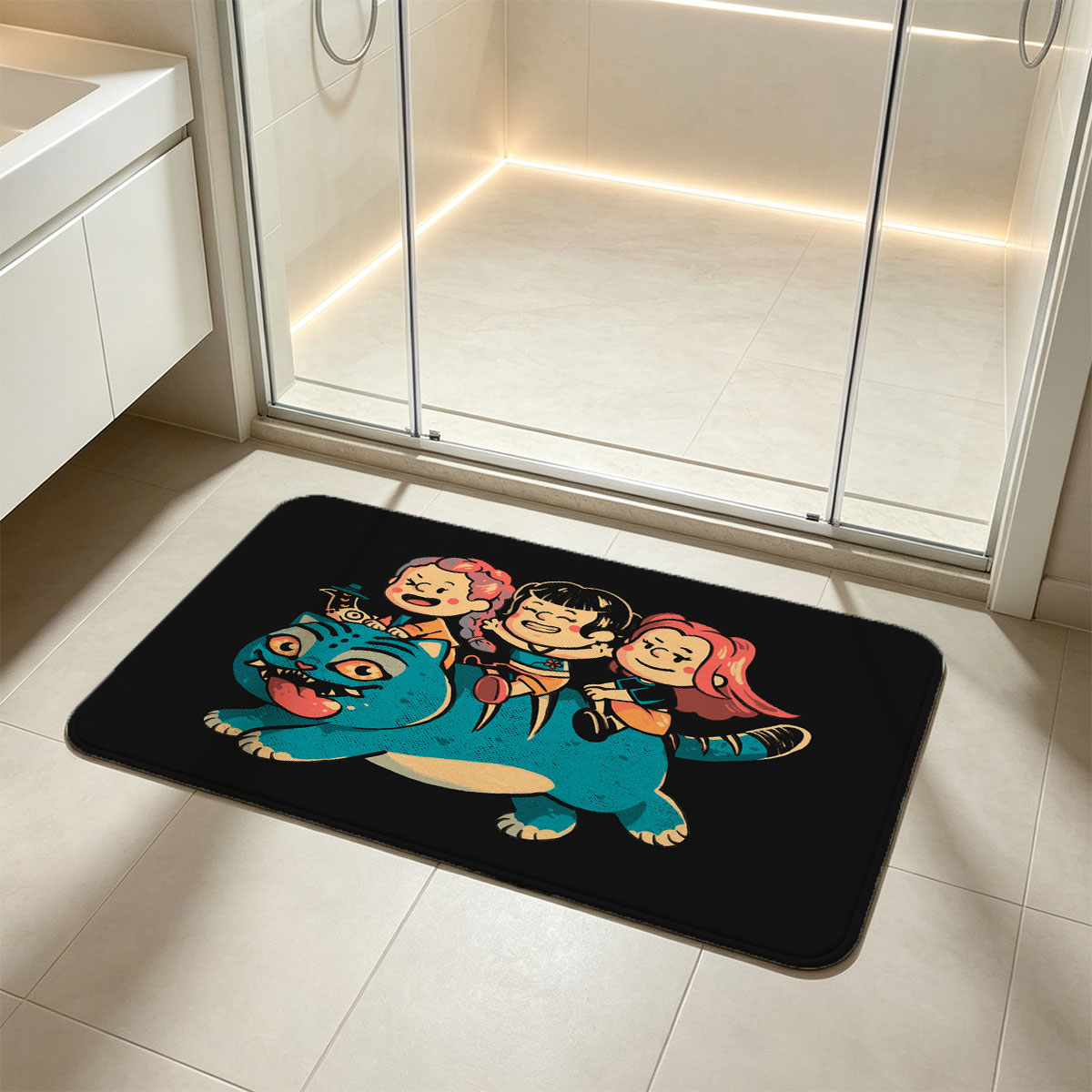 Three Kids Riding a Cheshire Cat - Flannel floor mat
