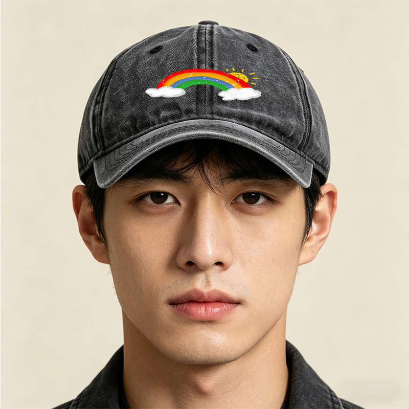 Unisex Classic Washed Cap with Rainbow and Sun Print | Casual Outdoor Hat for Adults and Teens | Perfect for Daily Wear, Travel, and Beach Activities