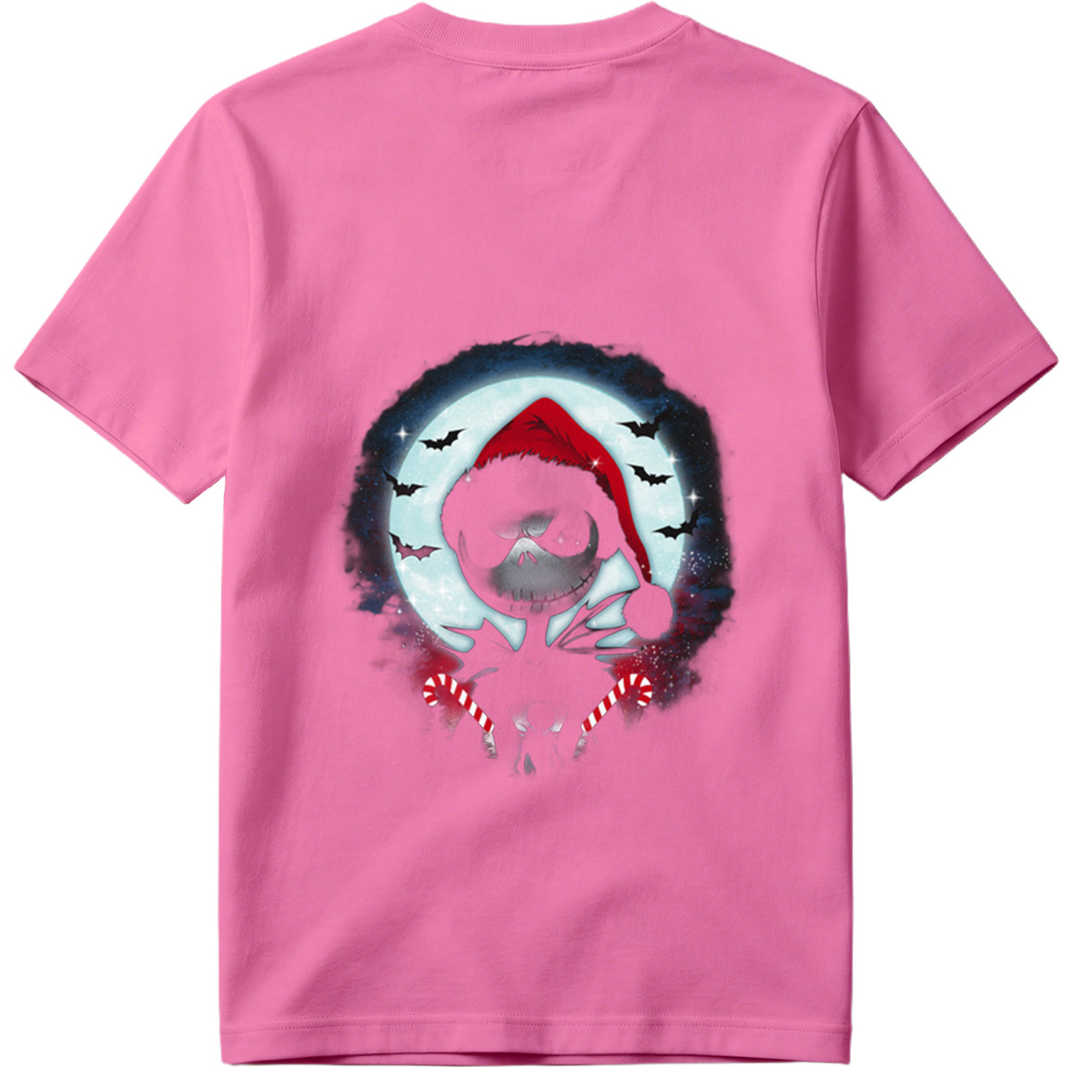 Jack Skellington in Santa Hat with Candy Canes Against Moonlit Sky - Tee