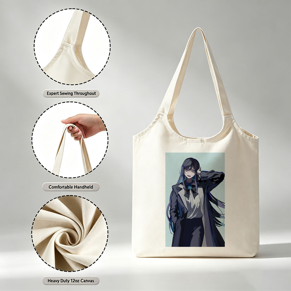 Anime Character in Formal Attire with Blue Rose and Long Hair - Canvas shoulder bags/