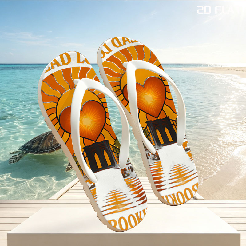 Spread Love: It's the Brooklyn Way - Heart Sun Over Bridge Cityscape -  flip-flops