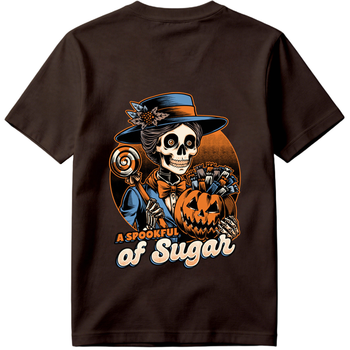 A Spookful of Sugar: Skeleton Lady with Pumpkin and Candy - Tee