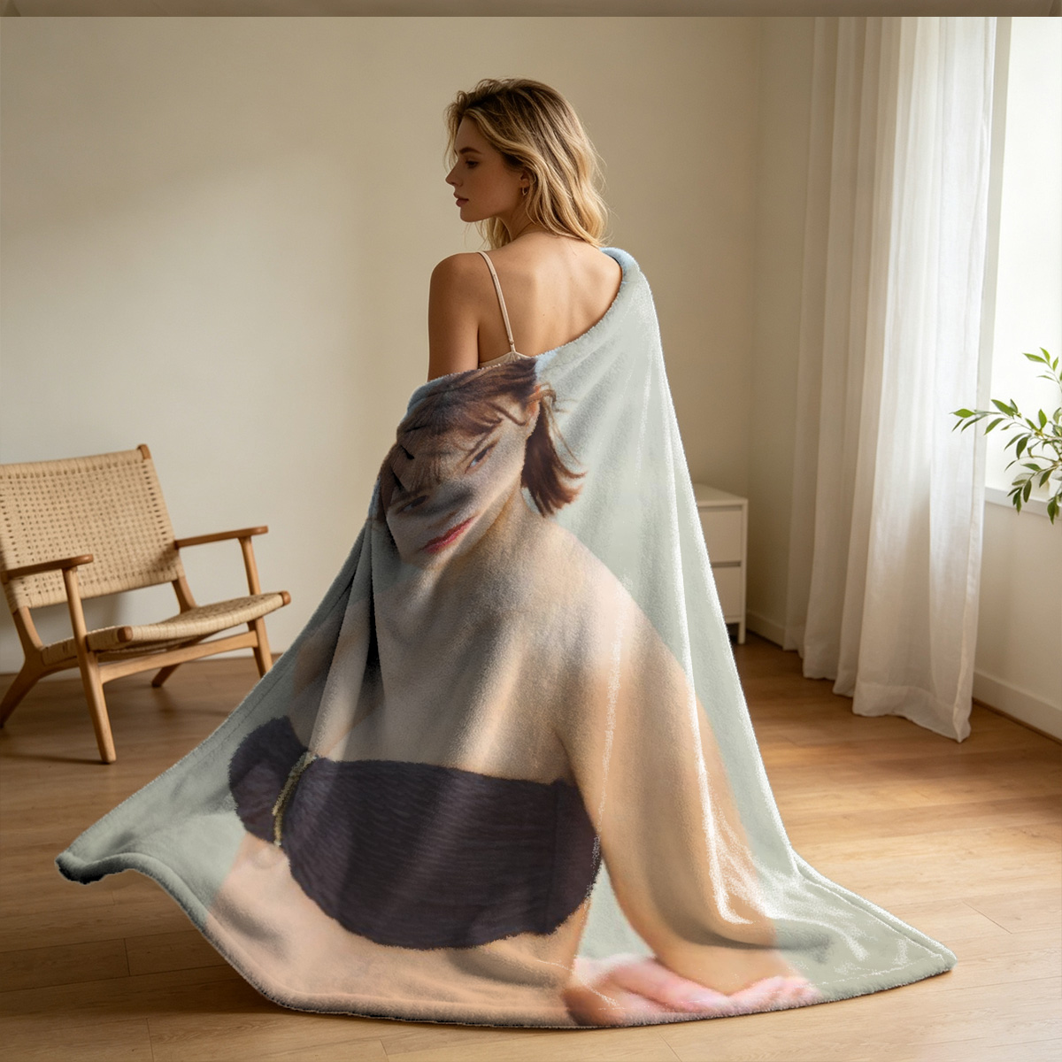 A woman in pink lingerie lying on a leather armchair with legs raised. - Blanket