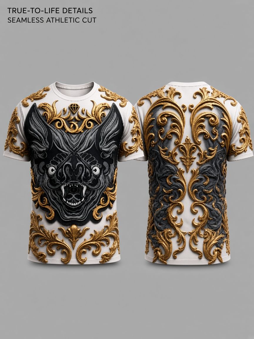 Gothic Baroque Bat 3D Optical Illusion Graphic Tee, Breathable Athletic Mesh T-Shirt, Casual and Sports Wear
