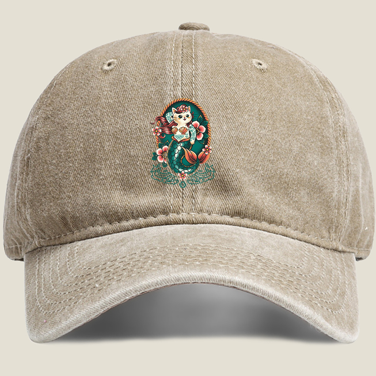 Mermaid Cat with Floral Design - Washed Denim - Baseball Cap