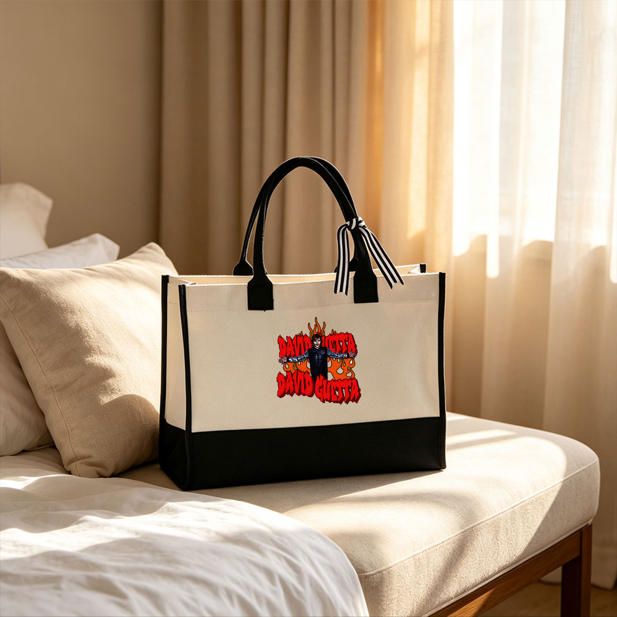 David Guetta in a dynamic pose with bold red text and fiery background design - Canvas patchwork gift tote bag