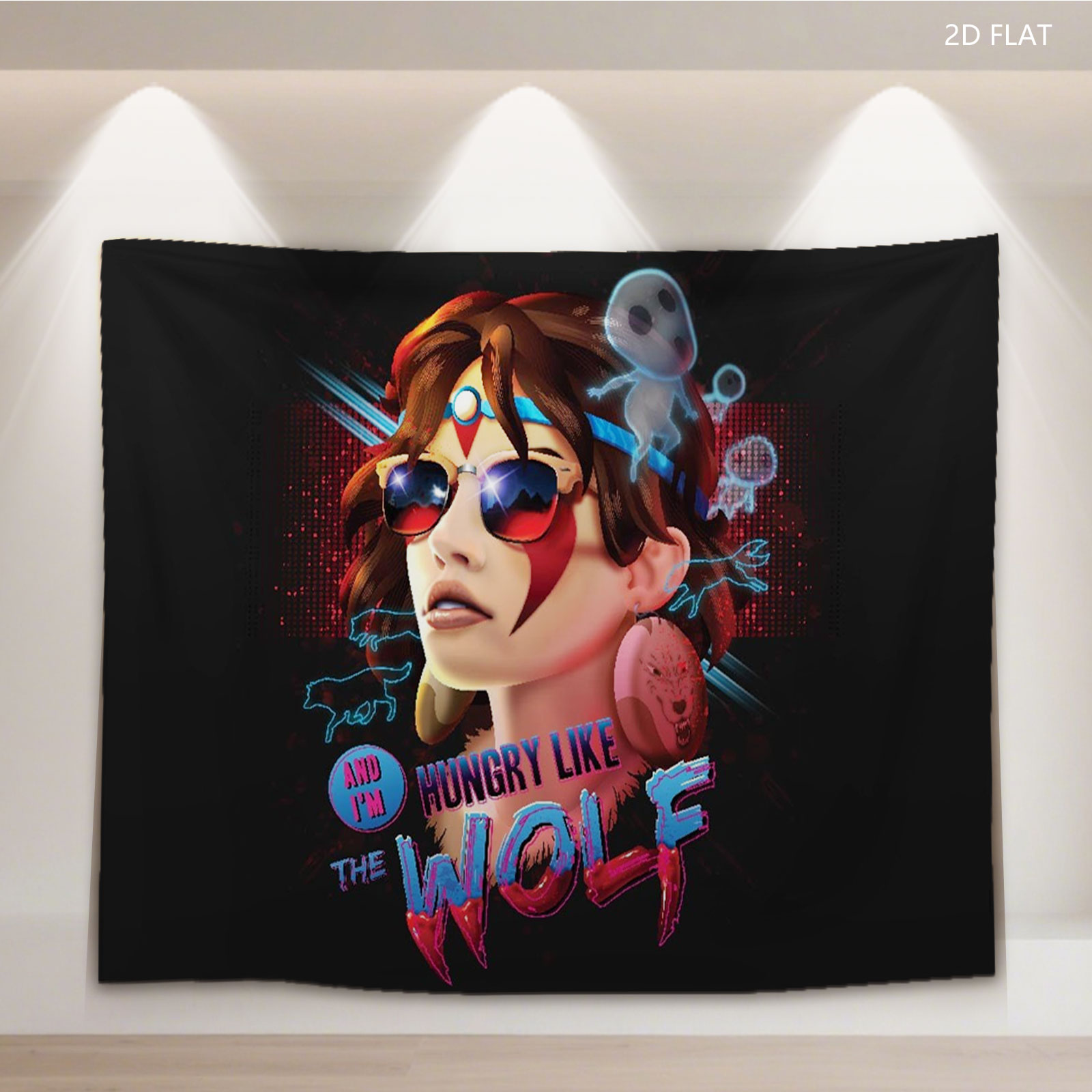 Hungry Like the Wolf: Neon-Style Portrait with Sunglasses and Ghostly Elements - Tapestry