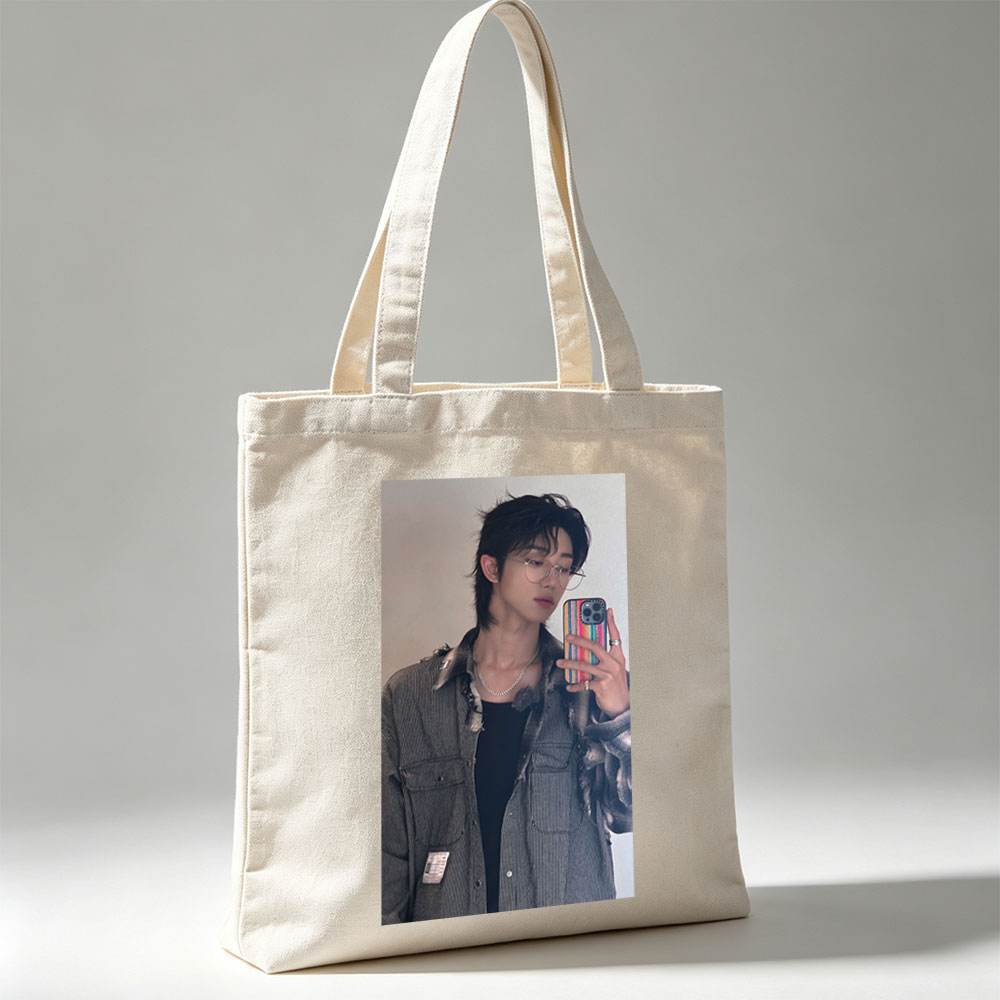 The Boyz Member in Mirror Selfie Wearing Striped Jacket and Glasses with Rainbow Phone Case - Canvas tote bags