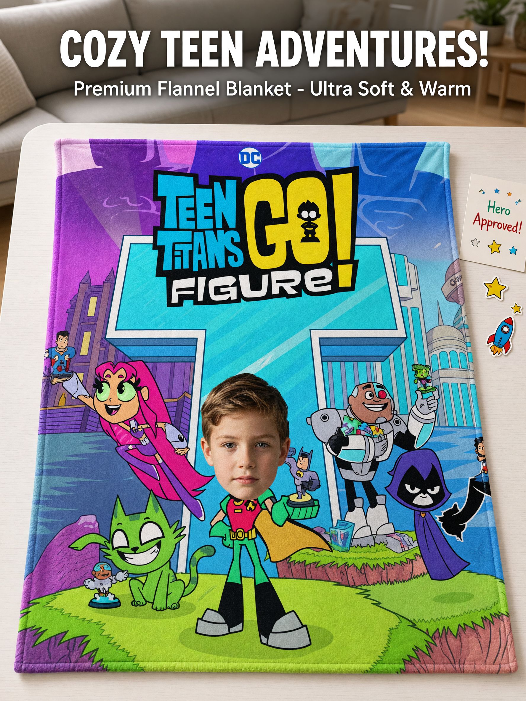 Custom Photo Face Blanket Personalized Superhero Cartoon Flannel Throw Ultra Soft Cozy Fleece Gift for Kids and Teens