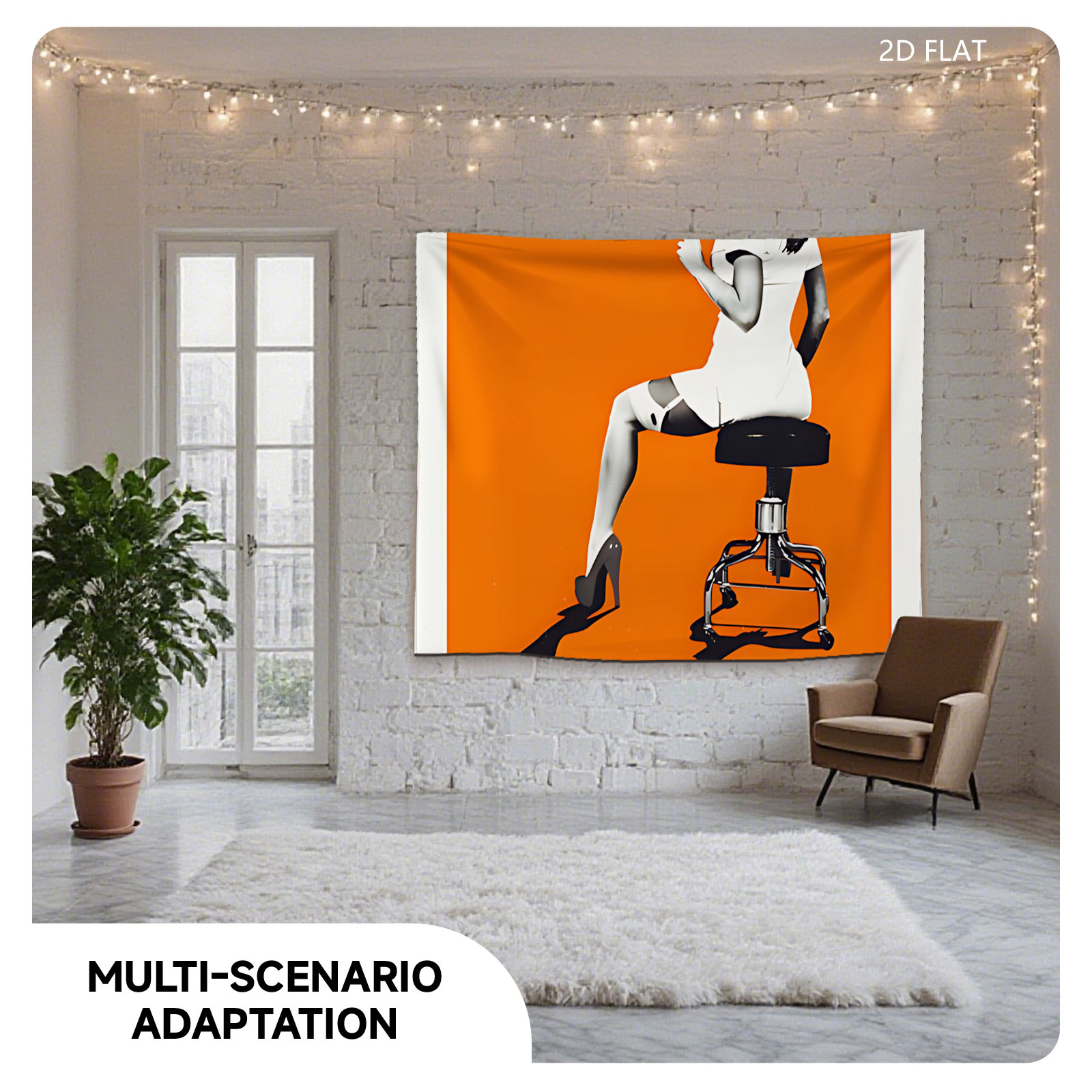 Nurse in White Dress Holding Syringe on Stool Against Orange Background - Tapestry