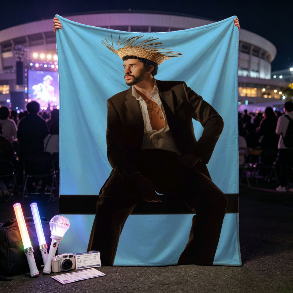 Bad Bunny in a Bold Fashion Statement Wearing a Straw Hat and Suit Against a Blue Background - Blankets
