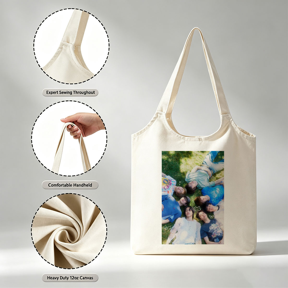ENHYPEN Lying on Grass in a Circle with Playful Expressions and Cute Emojis - Canvas shoulder bags/
