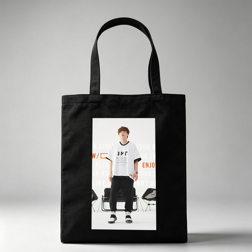 Jinwoo Park in Fashion Show - Wearing White Graphic Tee and Black Cargo Pants with Sneakers - Canvas tote bags