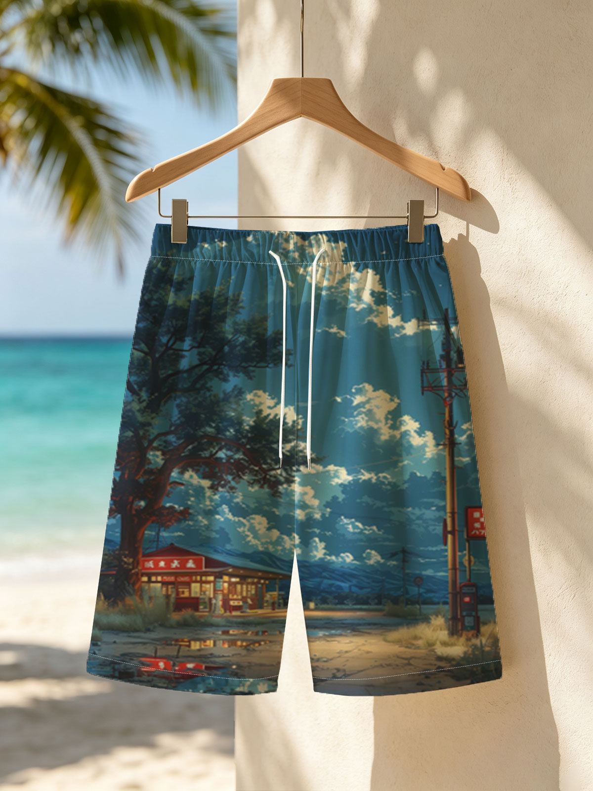 A cozy roadside shop under a vast sky, illuminated by warm lights and framed by a large tree and distant mountains. -  Beach shorts