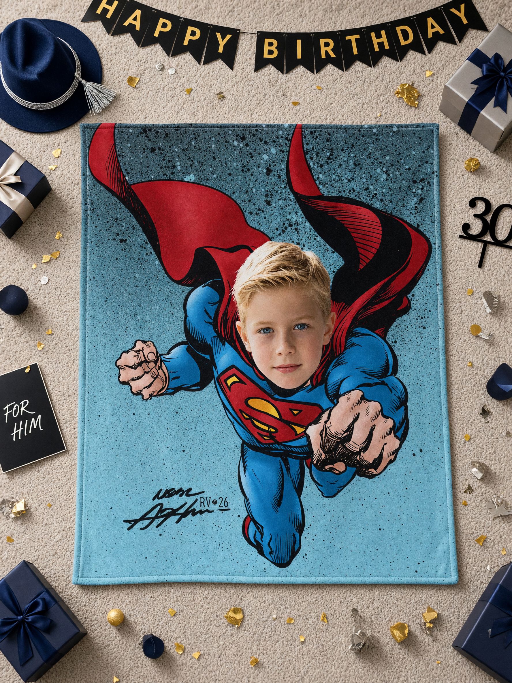 Personalized Superhero Photo Blanket Custom Face Flannel Throw Skin-Friendly Fleece Wrap for Kids and Family
