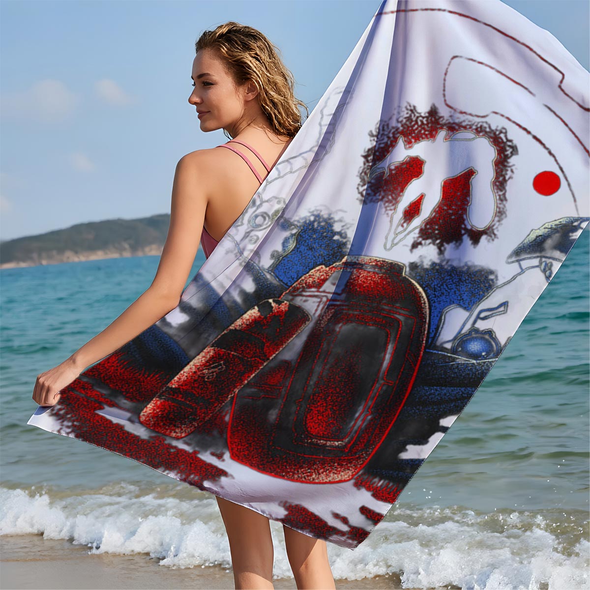 Red Planet Encounter: Alien Silhouette and Cosmic Artifacts - Beach towels