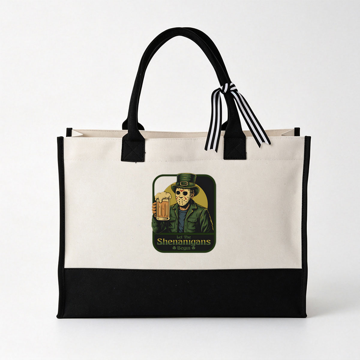 Jason Voorhees in Leprechaun Hat Holding Beer - Let the Shenanigans Begin - Canvas patchwork gift tote bag