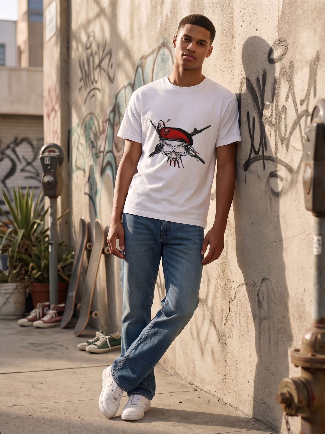 Men's Printed T-Shirt Skull with Red Beret and Crossed Guns Graphic Casual Round Neck Summer Lightweight Breathable Short Sleeve Tee for Outdoor Activities and Military-Themed Events Adult Men