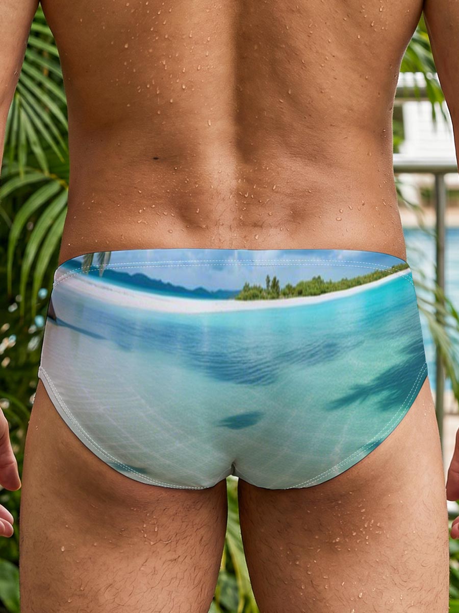 Serene tropical beach with crystal clear water and palm trees -  Men's swim trunks