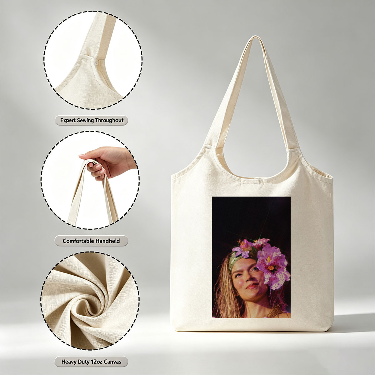 Rita Ora Wearing a Floral Headpiece at a Performance - Canvas shoulder bags/
