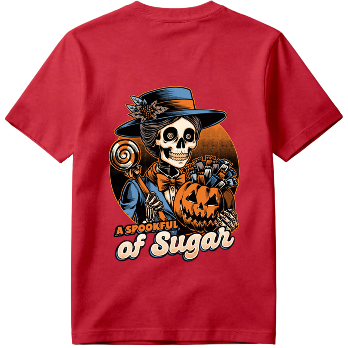 A Spookful of Sugar: Skeleton Lady with Pumpkin and Candy - Tee