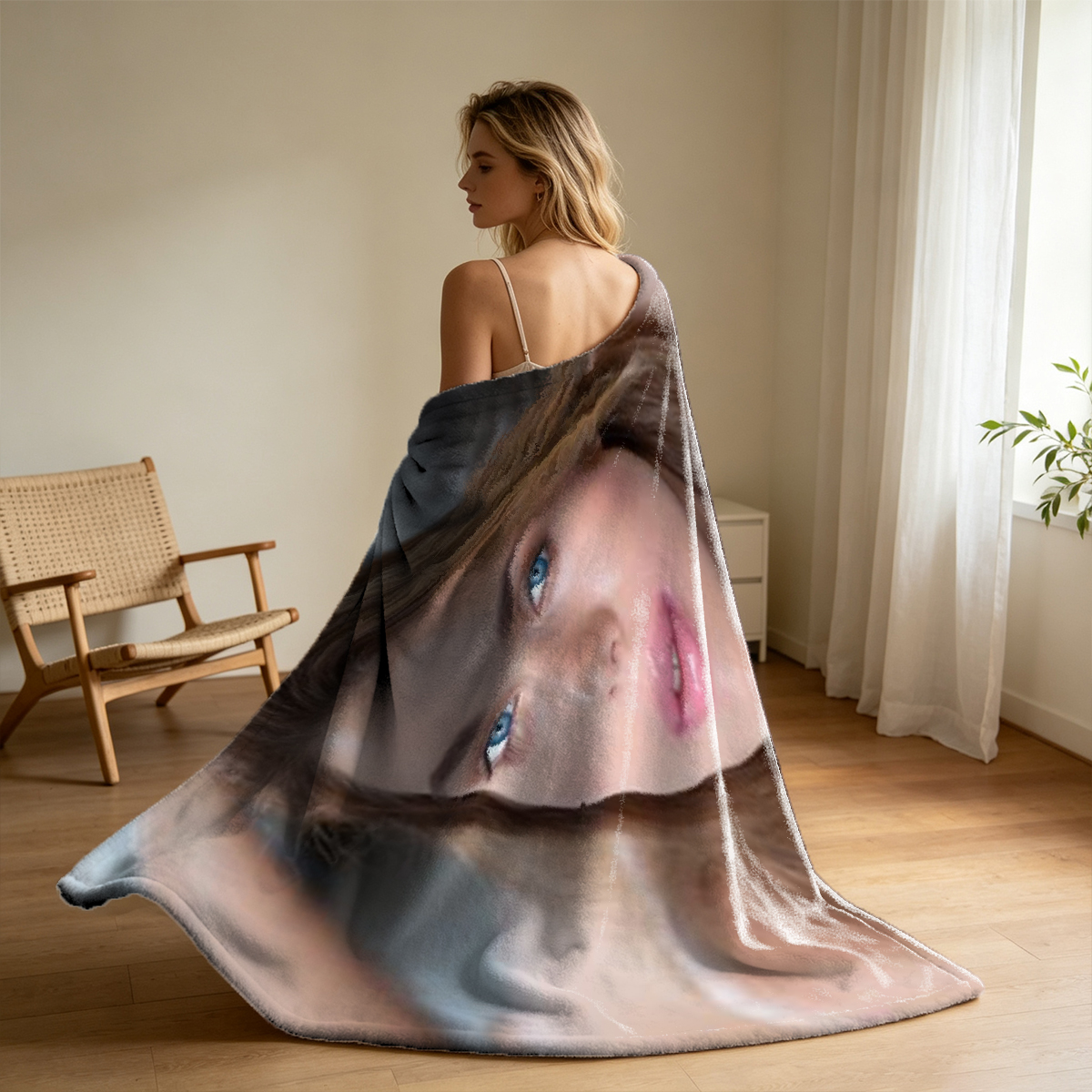 Nude Woman in Pink High Heels Squatting on Table - Blanket