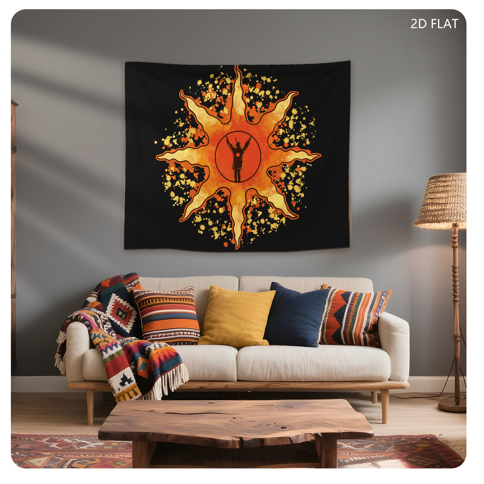 Sunburst Warrior: Silhouette in Radiant Flame - Tapestry