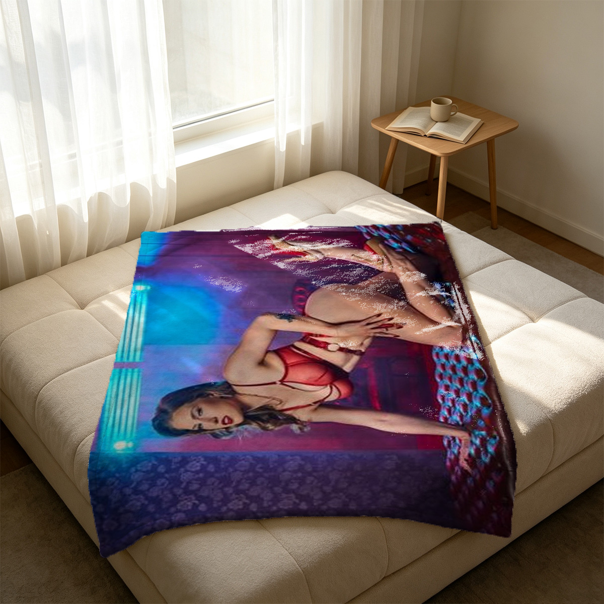 Nurse in Transparent Latex Corset Squatting with Giant Syringe - Blanket